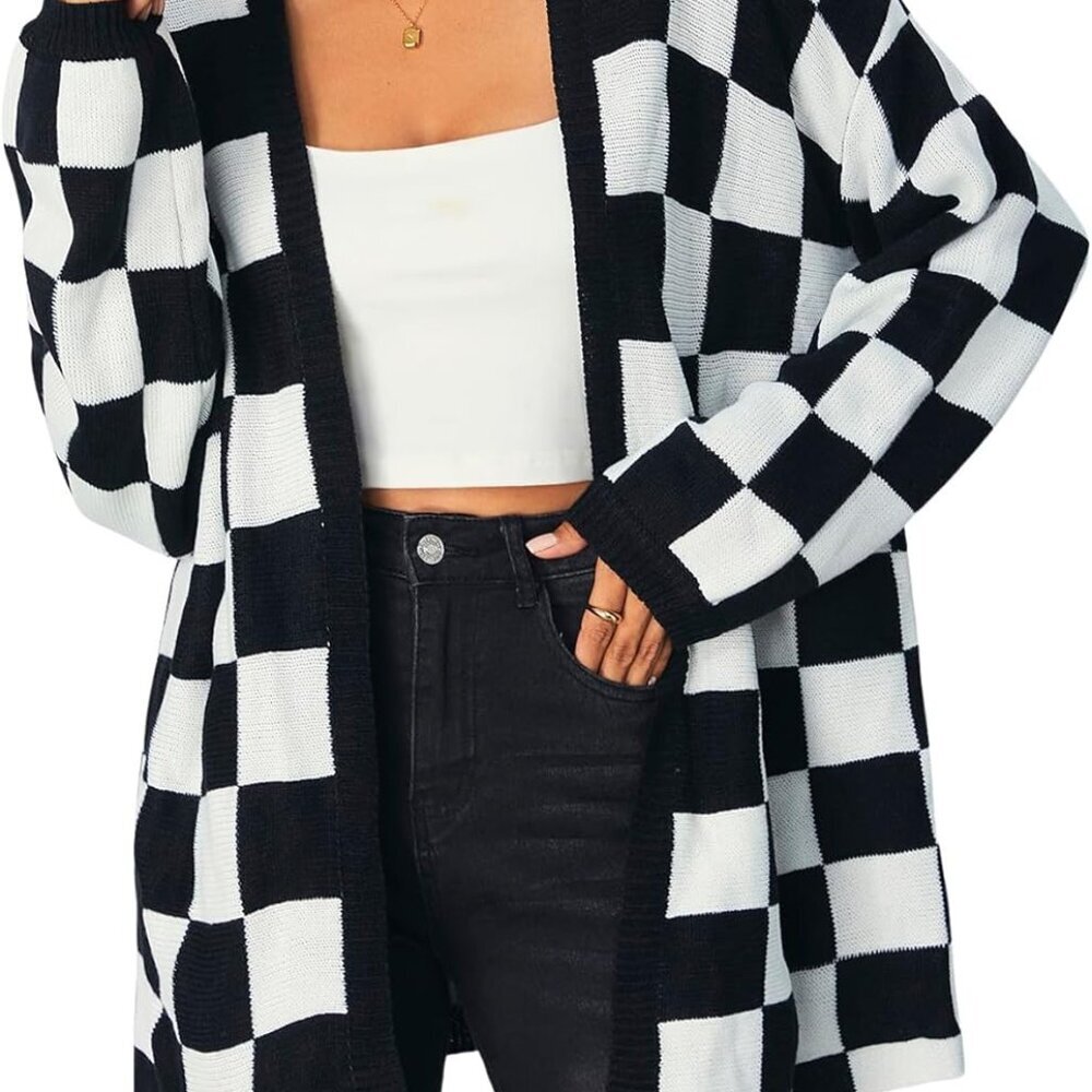 Women's Long Sleeve Oversized Sweater Checkered Cardigan Open Front Outerwear To